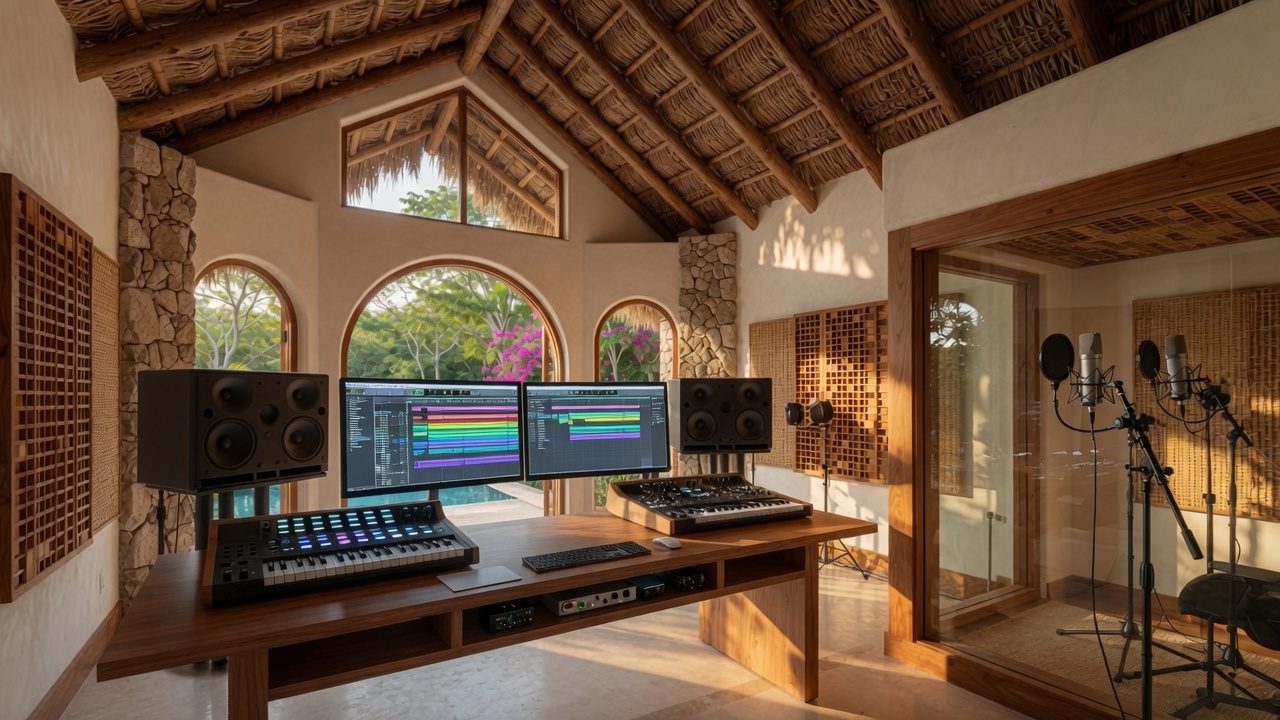 A music production studio under a thatched roof, with monitors, keys and a vocal booth opening to the jungle