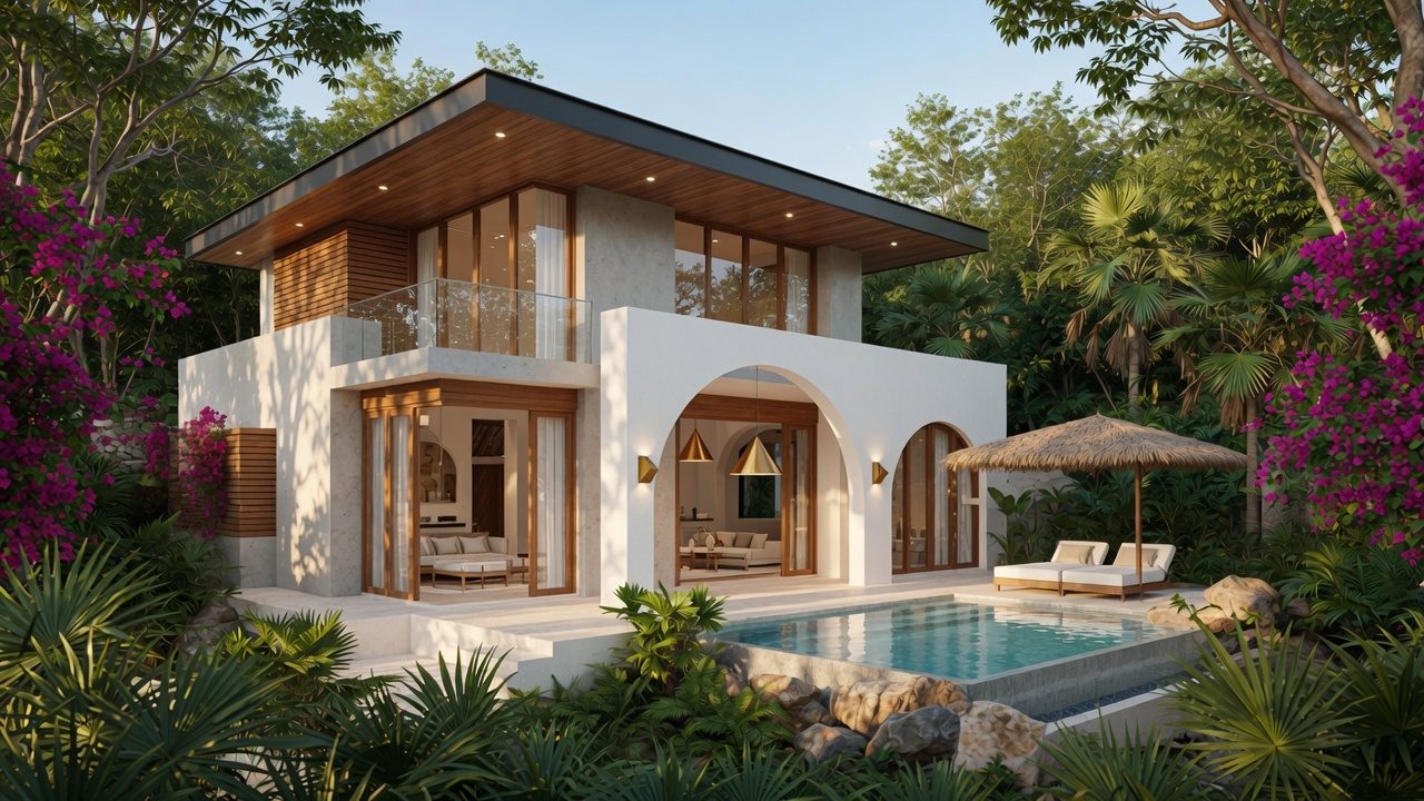 A private white casita with a plunge pool among bougainvillea and jungle