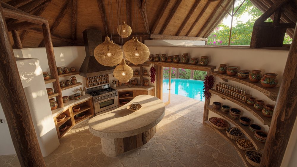 Shared kitchen under a palapa roof, hand-thrown pottery and an island, open to the pool
