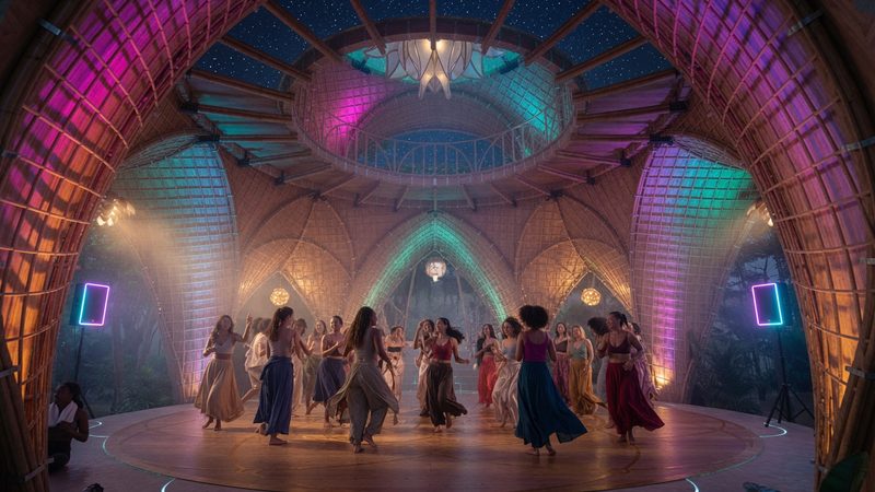 Conscious dance under the bamboo dome at night, dancers in movement lit by colourful light