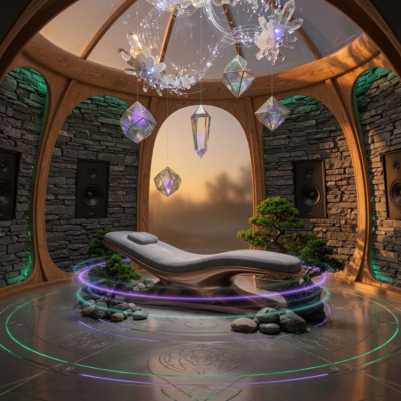 A sonic healing chamber with a resonance lounger, hanging crystals and studio monitors